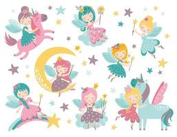 vector conjunto infantil con linda hada, unicornio, estrellas y nubes