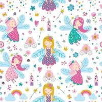 Vector seamless childish pattern with fairy, flowers, rainbow