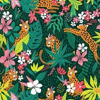 Leopard pattern with tropical leaves. Vector seamless texture