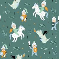 Childish seamless pattern with knight, dragon and castle. vector