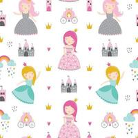 Childish seamless pattern with princess, castle, carriage vector