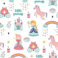 Childish seamless pattern with princess, castle, carriage vector