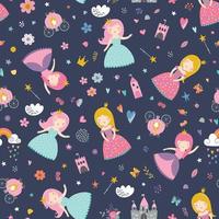 Childish seamless pattern with princess, castle, carriage vector