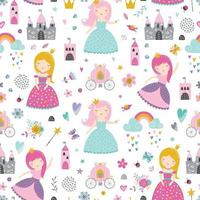 Childish seamless pattern with princess, castle, carriage vector