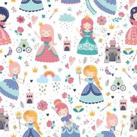 Childish seamless pattern with princess, castle, carriage vector