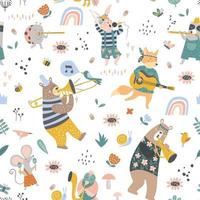 Vector pattern with cute animals playing on different instrument