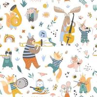 Vector pattern with cute animals playing on different instrument