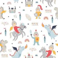 Childish seamless pattern with knight, dragon and castle. vector