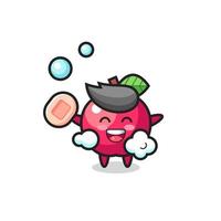 apple character is bathing while holding soap vector