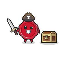 the sealing wax pirate character holding sword beside a treasure box vector