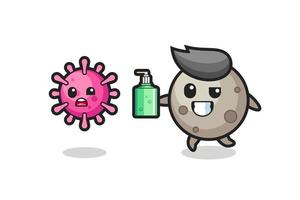 illustration of moon character chasing evil virus with hand sanitizer vector