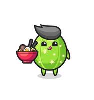 lindo personaje de cactus comiendo fideos vector