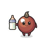 baby chocolate ball cartoon character with milk bottle vector