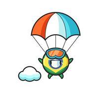 La historieta de la mascota de la insignia de la bandera de Brasil es paracaidismo con gesto feliz vector