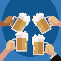 hands with beer mugs celebration event, cheers vector