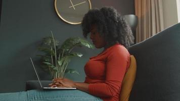 Woman sitting on sofa having video call on laptop