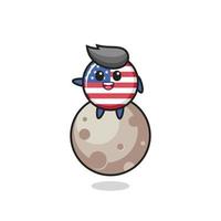 illustration of united states flag badge cartoon sitting on the moon vector