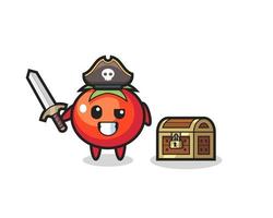 el personaje pirata de tomates sosteniendo la espada junto a un cofre del tesoro vector
