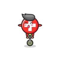 The cute switzerland flag badge character is riding a circus bike vector