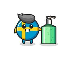 cute sweden flag badge cartoon with hand sanitizer vector