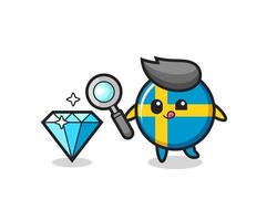 sweden flag badge mascot is checking the authenticity of a diamond vector