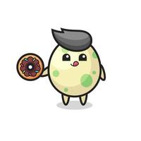 illustration of an spotted egg character eating a doughnut vector