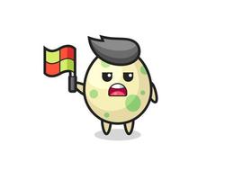 spotted egg character as line judge putting the flag up vector