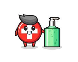 cute switzerland flag badge cartoon with hand sanitizer vector