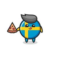cute sweden flag badge cartoon eating pizza vector