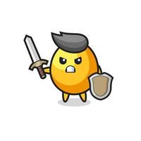 cute golden egg soldier fighting with sword and shield vector