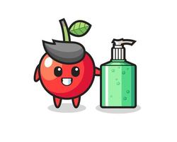 cute cherry cartoon with hand sanitizer vector