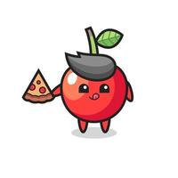 cute cherry cartoon eating pizza vector