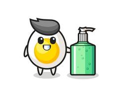 cute boiled egg cartoon with hand sanitizer vector