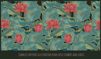 Seamless pattern illustration pink lotus flowers and leaves. vector