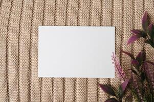 A blank card and a leaf on a sweater photo