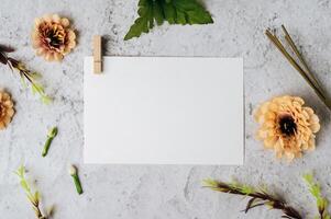 Se coloca una tarjeta en blanco y una flor sobre fondo blanco. foto