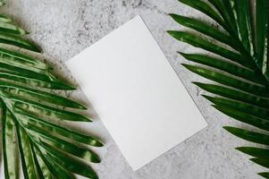 A blank card with envelope and leaf is placed on white background photo