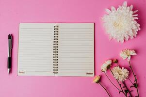 notebook, pen, blank card and flower on pink background photo