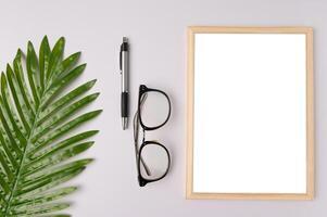 glasses and leaf branchs on white background photo