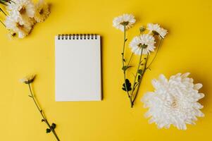 notebook and flower is placed on yellow background photo