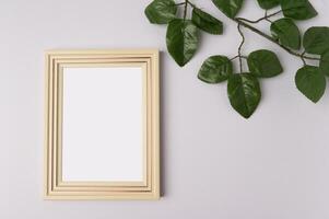 white photo frame and leaf branches on white background