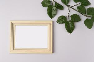 white photo frame and leaf branches on white background