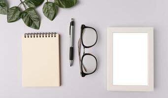 glasses and leaf branchs on white background photo