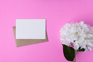 papel en blanco con flores colocadas sobre un fondo rosa foto