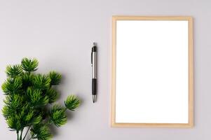 white board pen and leaf branchs on white background photo