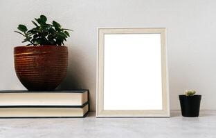 A picture frame placed on a book with a small plant pot photo