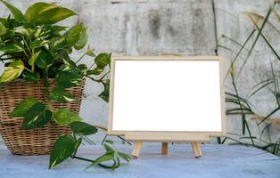 Picture frames placed on a cement table and small trees on the sides. photo