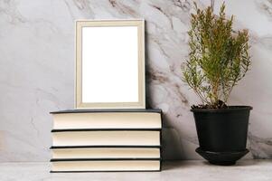 A picture frame placed on a book with a small plant pot photo