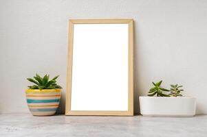 Standing picture frame with small potted plants photo