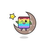 Ilustración de dibujos animados de pastel de arco iris sentado en la media luna vector